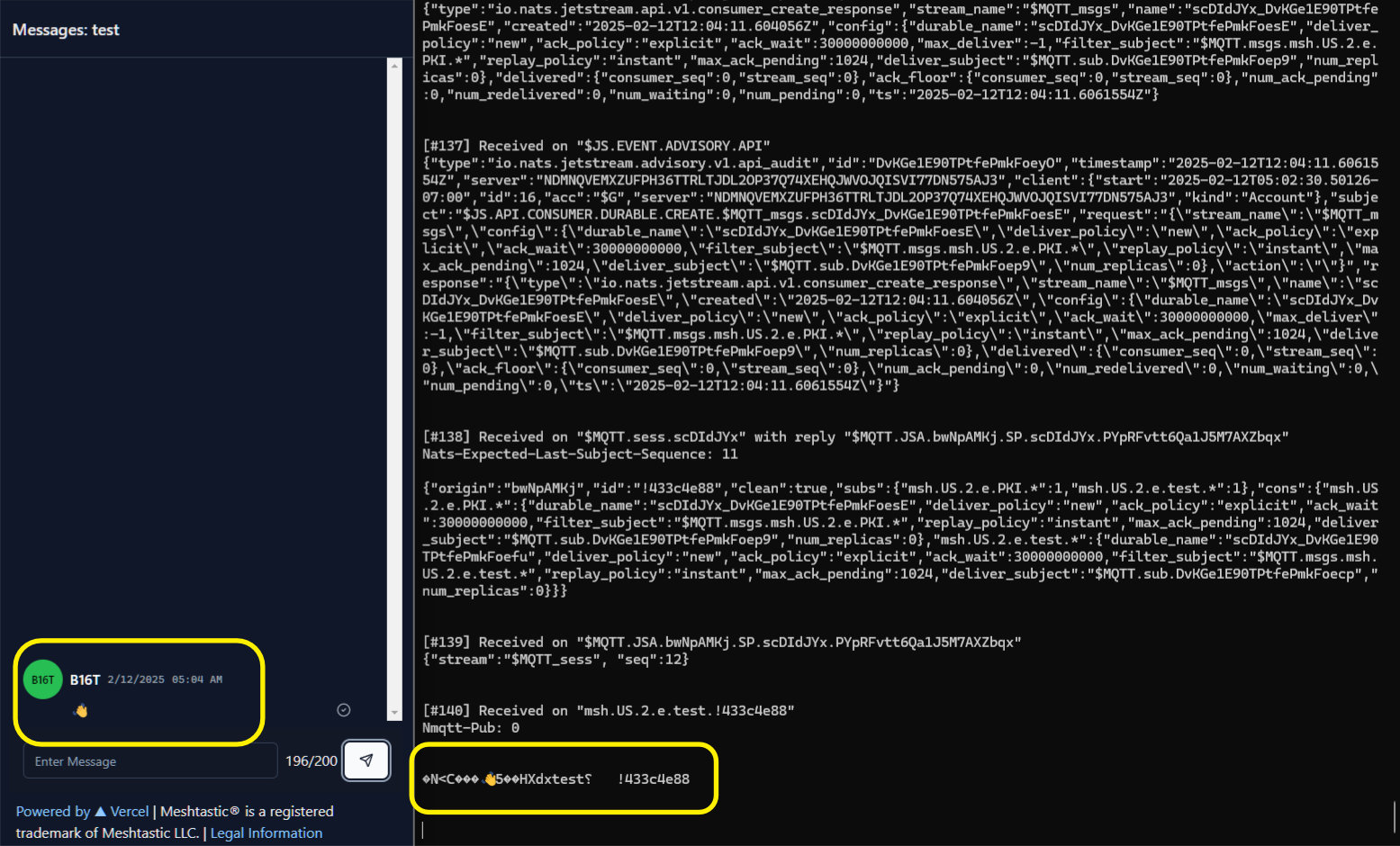 Success! A Meshtastic message appearing in NATS subscription output
