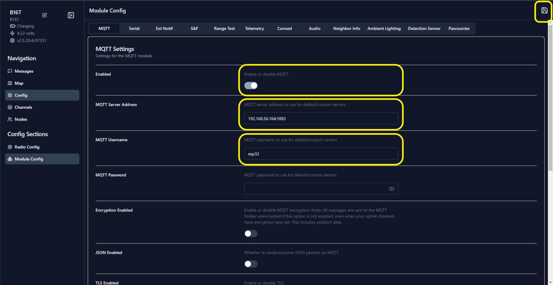 Screenshot of the Meshtastic web client MQTT configuration