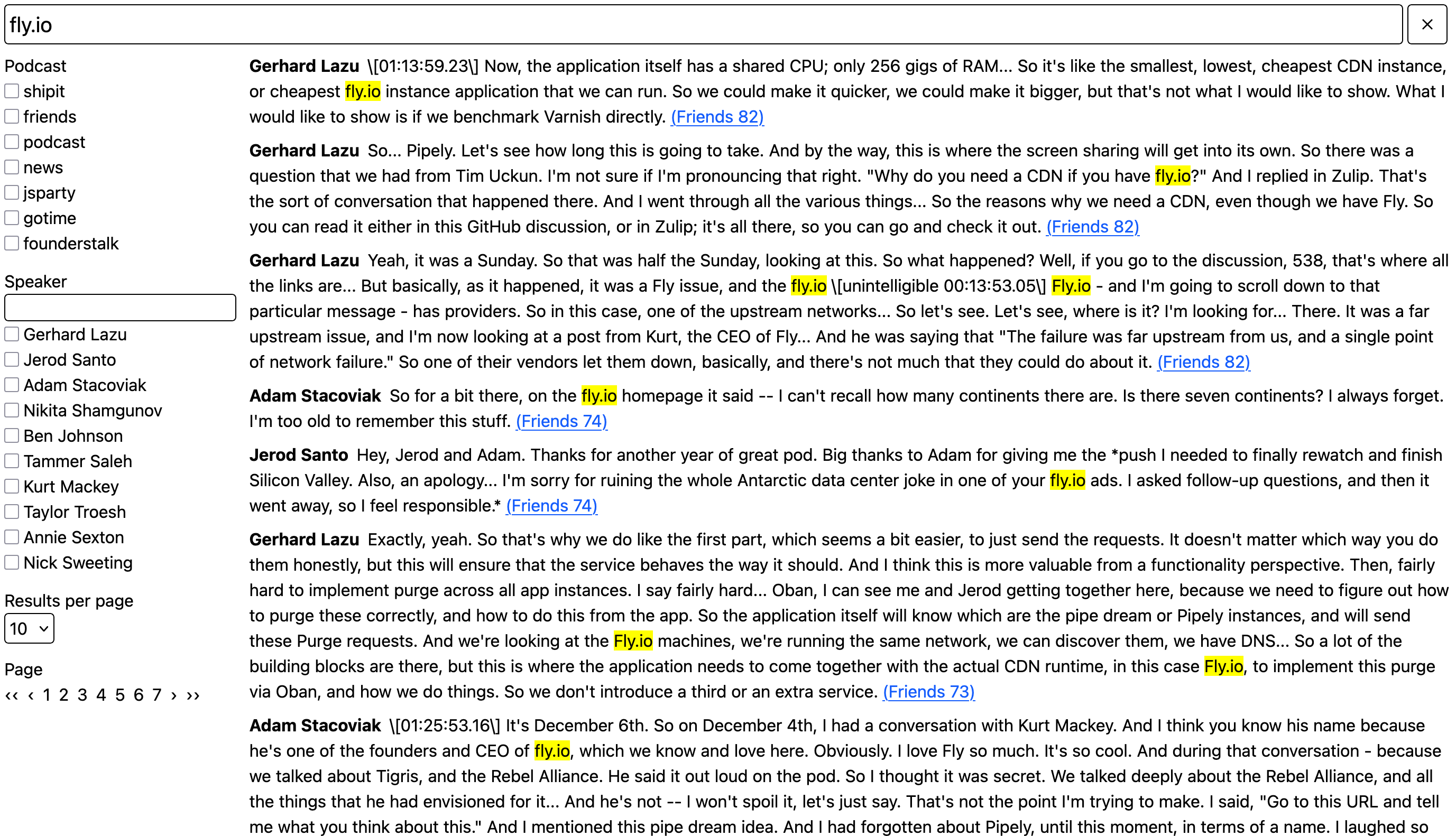 Searching the Changelog transcripts for mentions of Fly.io