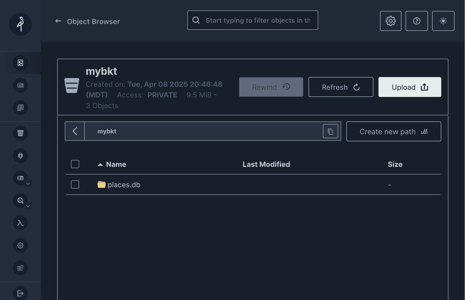 MinIO console showing the replicated SQLite database